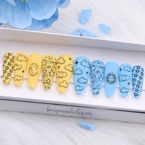 Zodiac Sunrise Press On Nails Y2K Half Blue Half Yellow Sun & Stars Nails